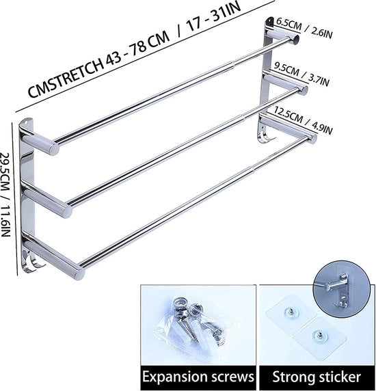 Supporto asciugamano, estensibile, 43-78 cm, acciaio inox, senza fori, stantuffo asciugamano, appendi asciugamano, adatto per bagno, cucina, supporto asciugamano (argentato, 3 strati)