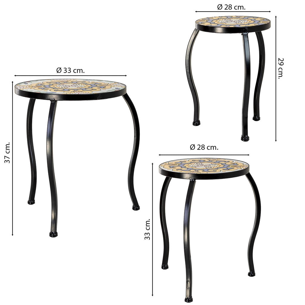 Set di 3 supporti, mosaico Giallo e ferro battuto, 33x33x37h-28x28x33h