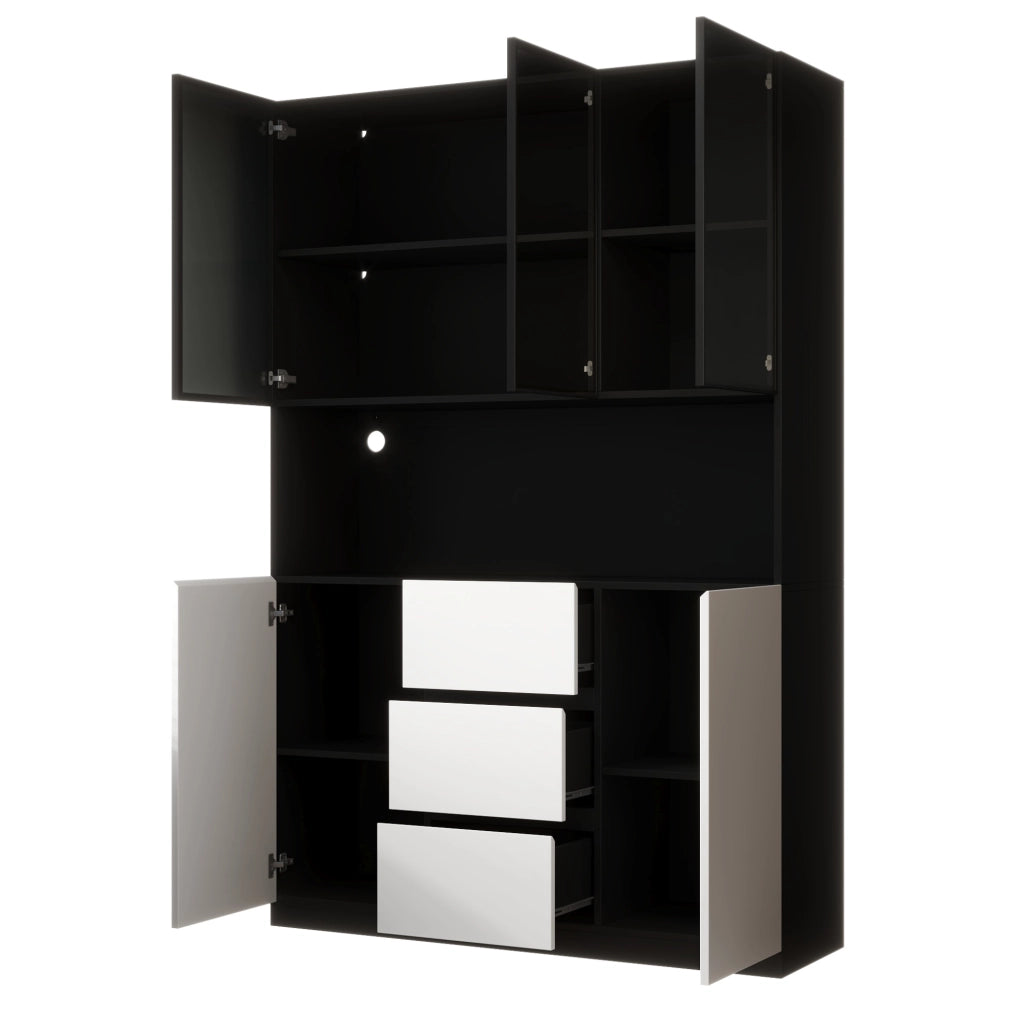 Vetrina in vetro con LED 120x40x200 cm; MDF nero; con ripiani aperti; 3 cassetti e 2 ante