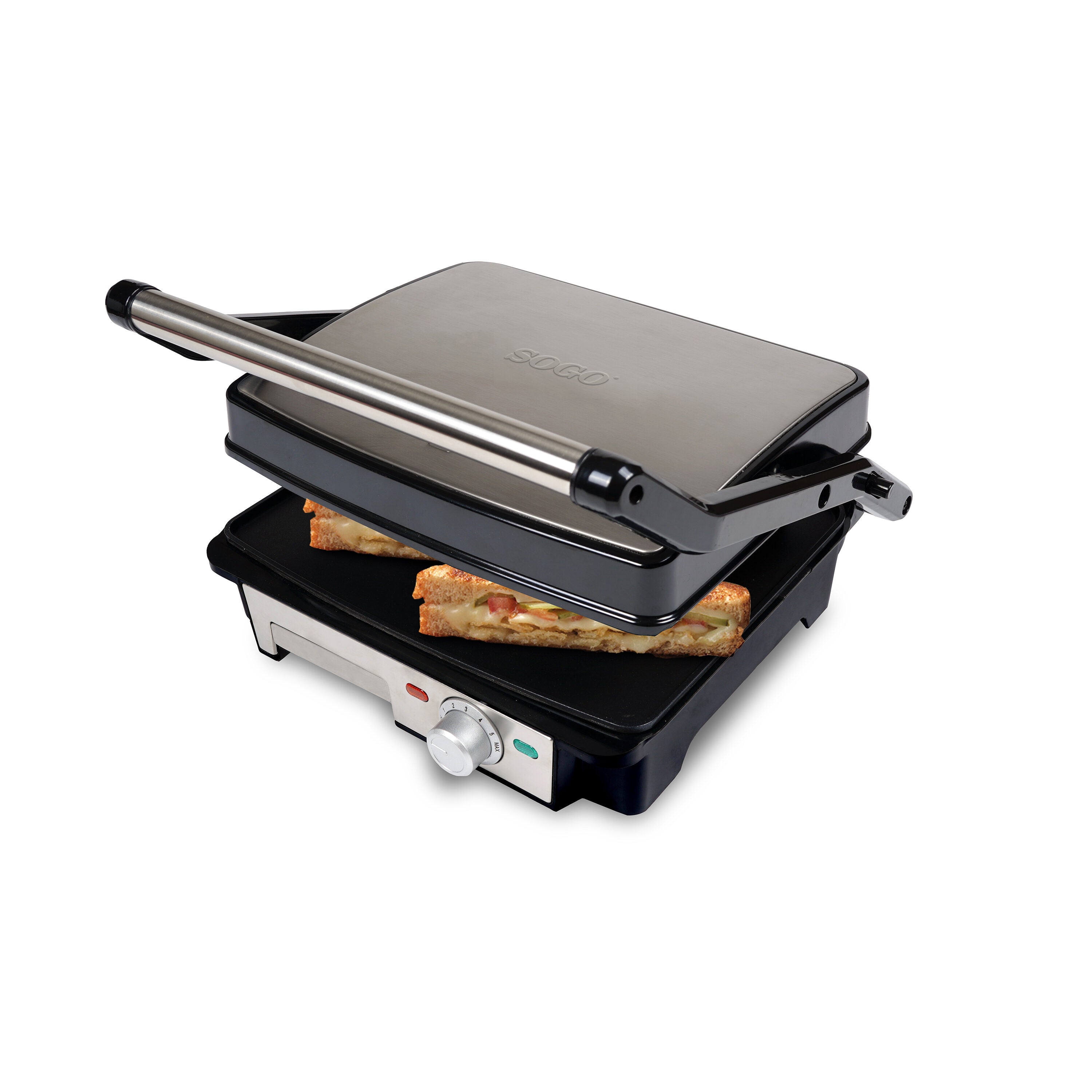 SOGO Piastra Grill 180° e Pressa per Sandwich – 4 Fette, Antiaderente, 2000W, Acciaio Inox
