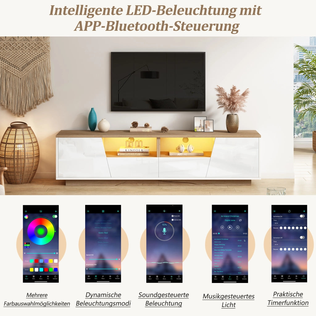TAVOLO TV 180x40x46 cm con 2 cassetti, 2 ante, LED, bianco