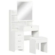 Toeletta da Trucco con Specchio, Tavolo da Trucco, Sgabello, 4 Cassetti e 4 Ripiani, Bianco