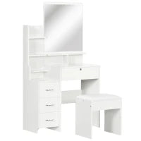 Toeletta da Trucco con Specchio, Tavolo da Trucco, Sgabello, 4 Cassetti e 4 Ripiani, Bianco