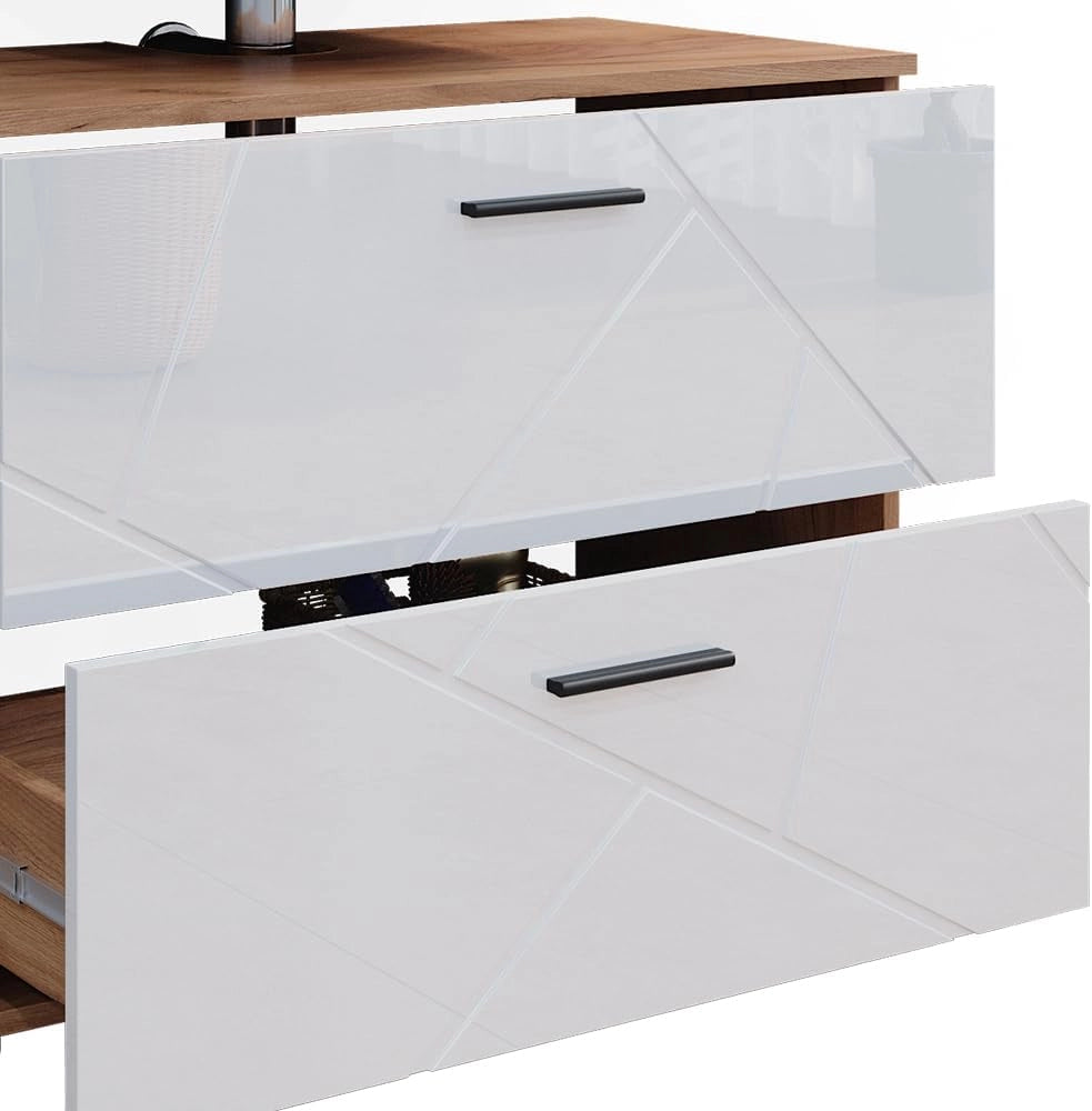Set di mobili da bagno Irma, Bianco lucido/oro power oak, 80 cm, composto da mobile lavabo, pensile a specchio, colonna e base media