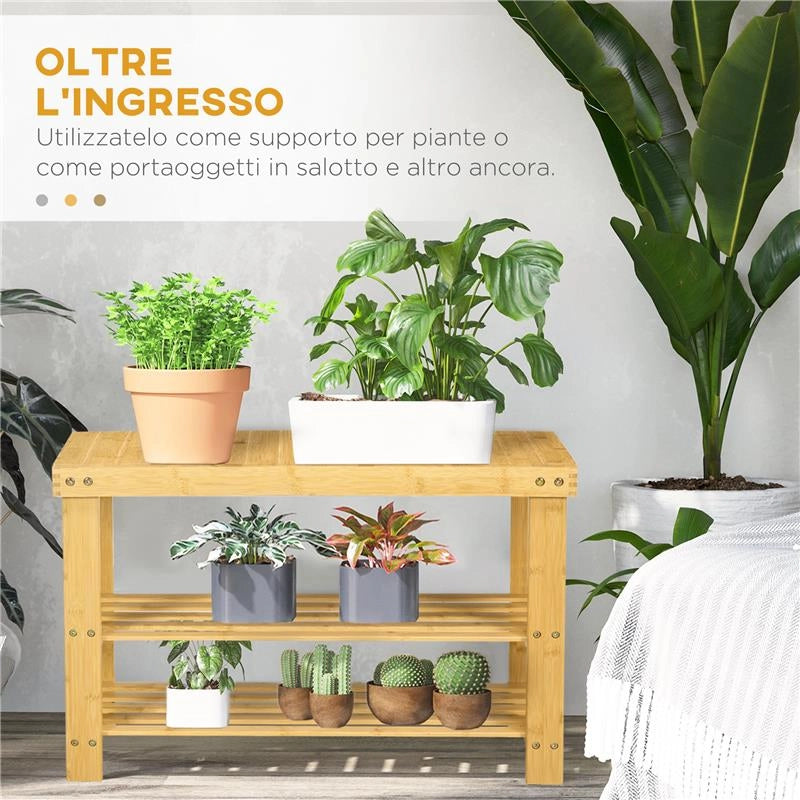 PANCA SCARPIERA BASSA IN BAMBÙ CON 2 RIPIANI A DOGHE E SEDUTA 70X28X45 CM NATURALE