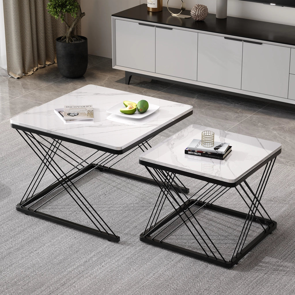 TAVOLINO DA SALOTTO Set da 2 pezzi 60x60x45 cm e 45x45x40 cm MDF Bianco/Nero