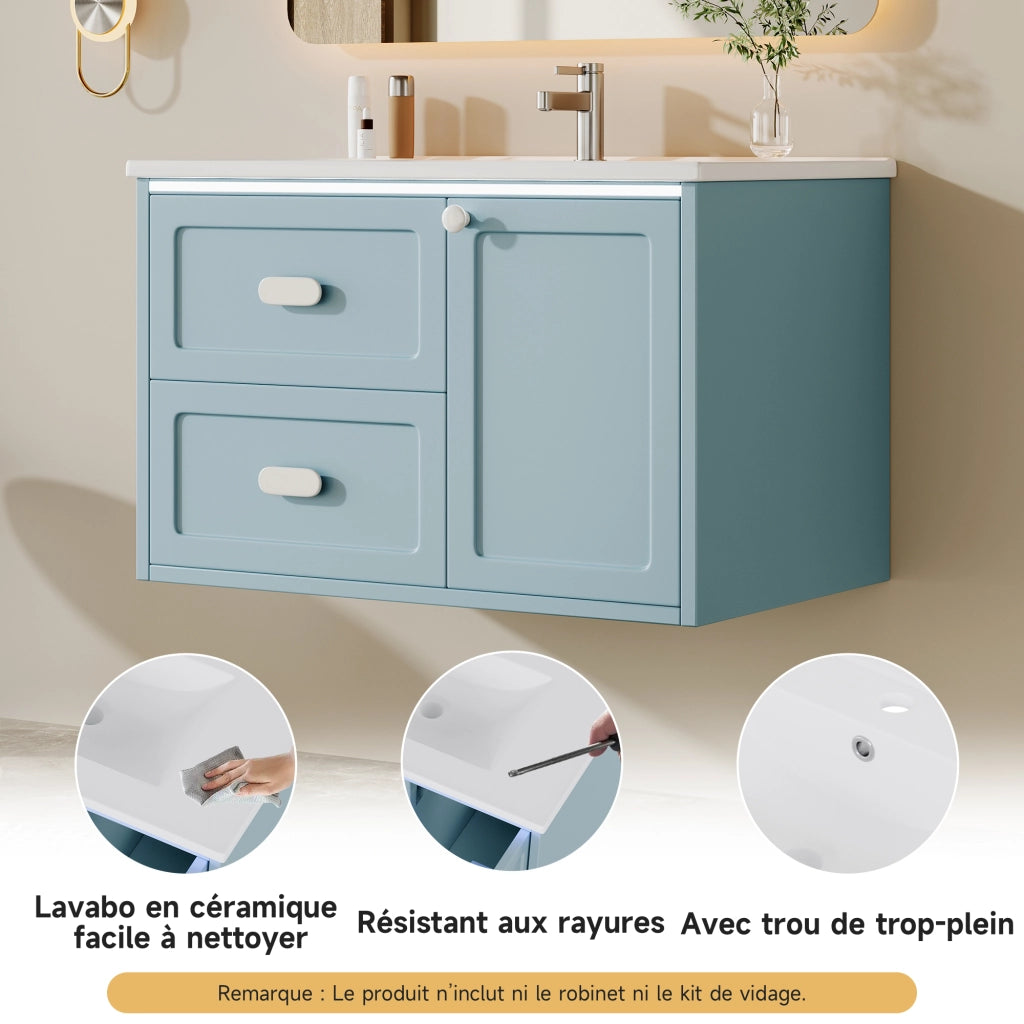 Mobile sottolavabo sospeso con 2 cassetti; illuminazione LED con sensore radar e lavabo in ceramica; per bagno blu
