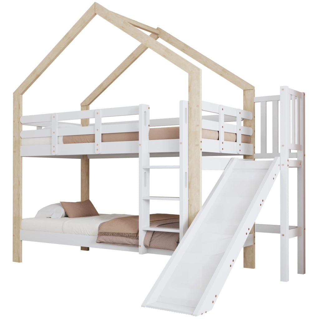 Letto a castello 90x200 cm con scivolo e scala in legno e MDF bianco
