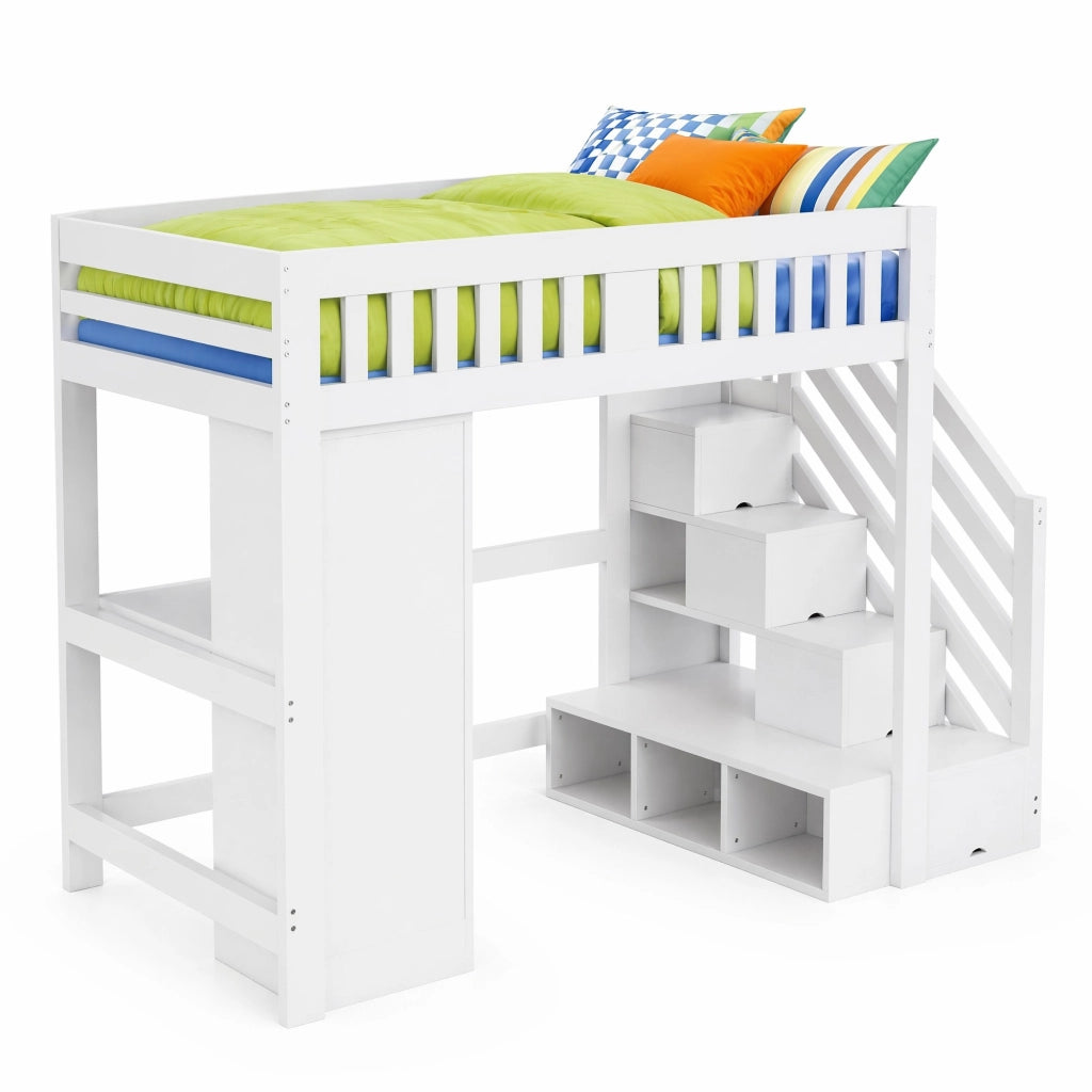 Letto a soppalco multifunzione 140x200 cm bianco in legno con scrivania; LED e contenitori