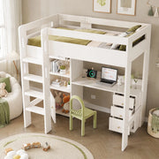 Letto a soppalco ULEVR 90x200 cm con scrivania USB/Type-C, armadio, cassetti e scaffale, bianco
