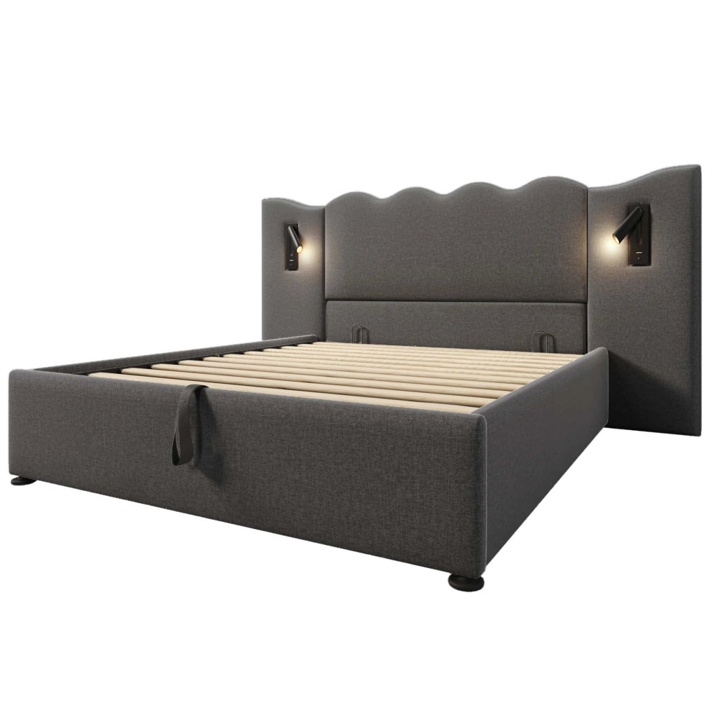 Letto matrimoniale 160x200 cm con contenitore; luce da lettura e porte USB Type-C; grigio