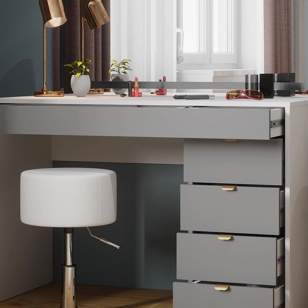 Tavolo da toeletta Elise, Bianco/grigio/grigio, 115 cm con specchio LED e sgabello, con illuminazione LED e seduta girevole regolabile in altezza
