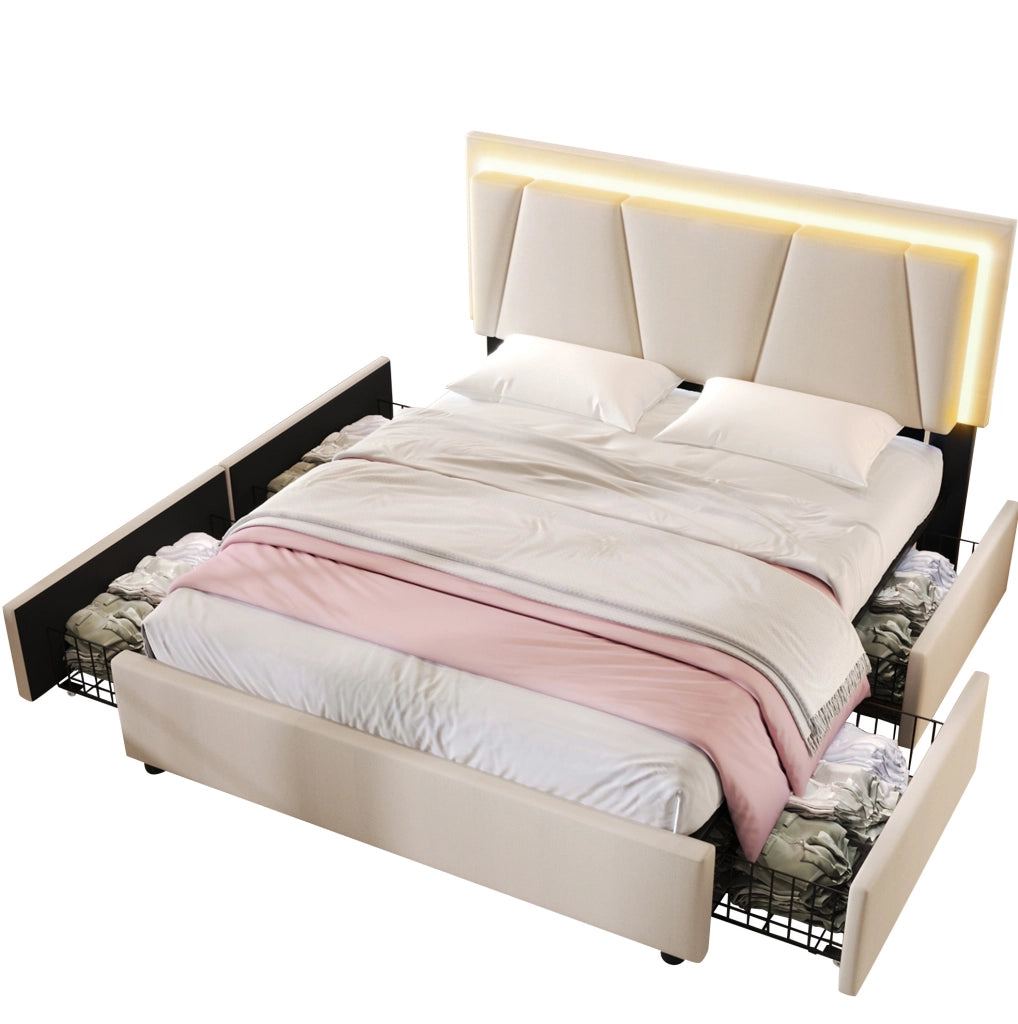 Letto contenitore 140x200 cm con LED; testiera regolabile e 4 cassetti; beige