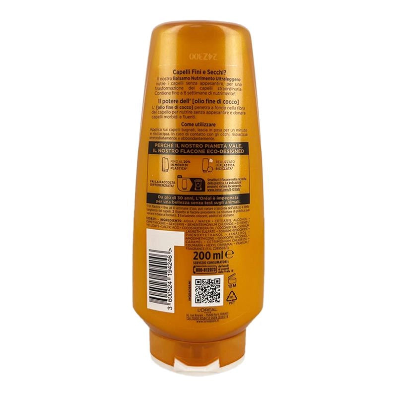 L'OREAL PARIS ELVIVE BALSAMO NURTIMENTO ULTRALEGGERO CON OLIO EXTRA-FINE DI COCCO 8 SETTIMANE DI NUTRIMENTO PER CAPELLI FINI E SECCHI 200 ML