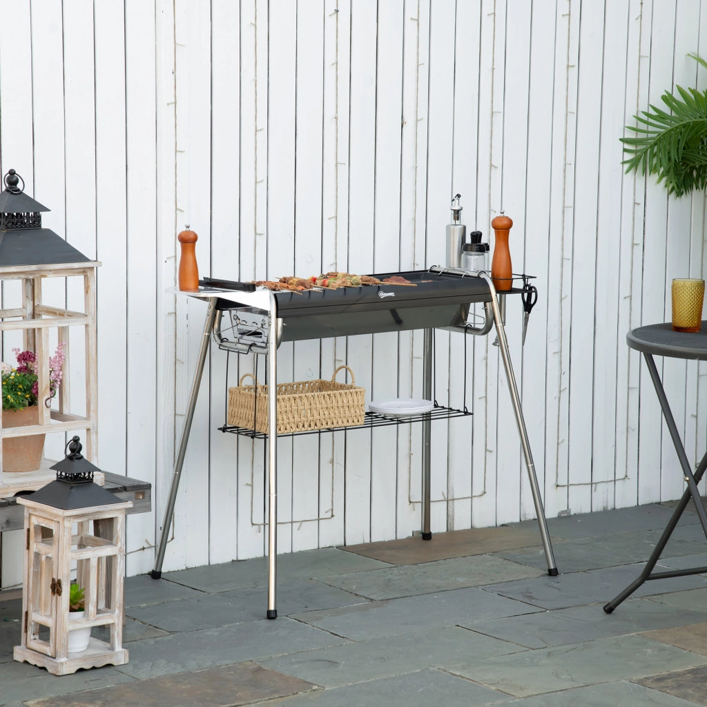 Barbecue a Carbonella con Griglia e Piastra di Cottura, Cestino e Ripiani, 107x63x75cm, Nero