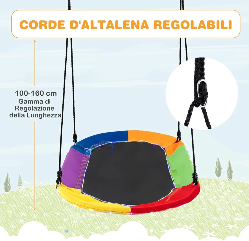 Altalena da Giardino per Bambini 150 cm, con Luci LED, Altalena da Albero con Struttura in Acciaio Antiruggine, Corde Regolabili, Portata 150 kg, per Bambini 3+ Anni