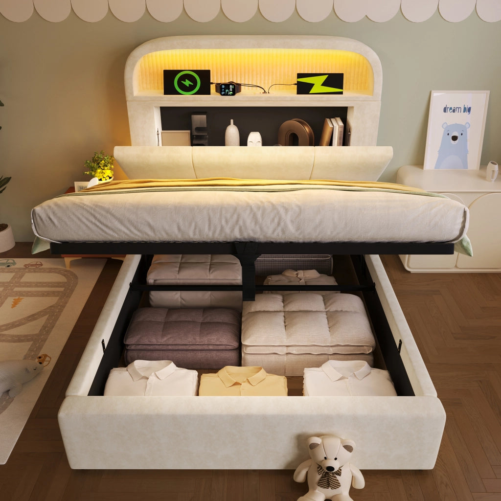LETTO contenitore 90x200 cm in velluto beige con materasso incluso, LED e USB/Type-C
