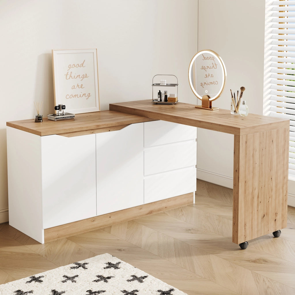 Scrivania pieghevole girevole con ruote frenanti, 120x50x78 cm, bianco e rovere, 2 ante e 3 cassetti