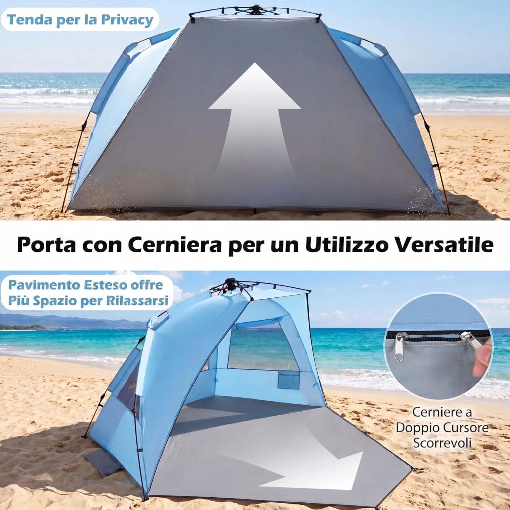 Tenda da Spiaggia Grande Adatta a 3-4 persone, Tenda da Campeggio Pop Up con 4 Finestre in Rete, Porta con Cerniera e Borsa da Trasporto, Protezione Solare, 278 x 139 x 160 cm