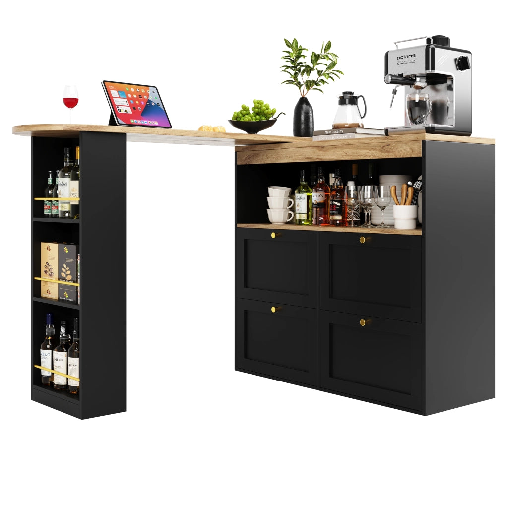 OKWISH Mobile Contenitore con 4 Cassetti e Ripiani Aperti Girevoli a 360 Gradi, per Studio e Soggiorno, MDF, Nero