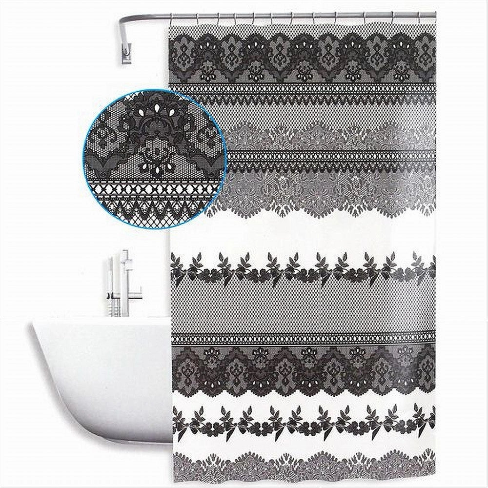 Trade Shop - Tenda Doccia Antimuffa Impermeabile 240x200 Cm Con Anelli Bagno Pizzo Nero 59522 -