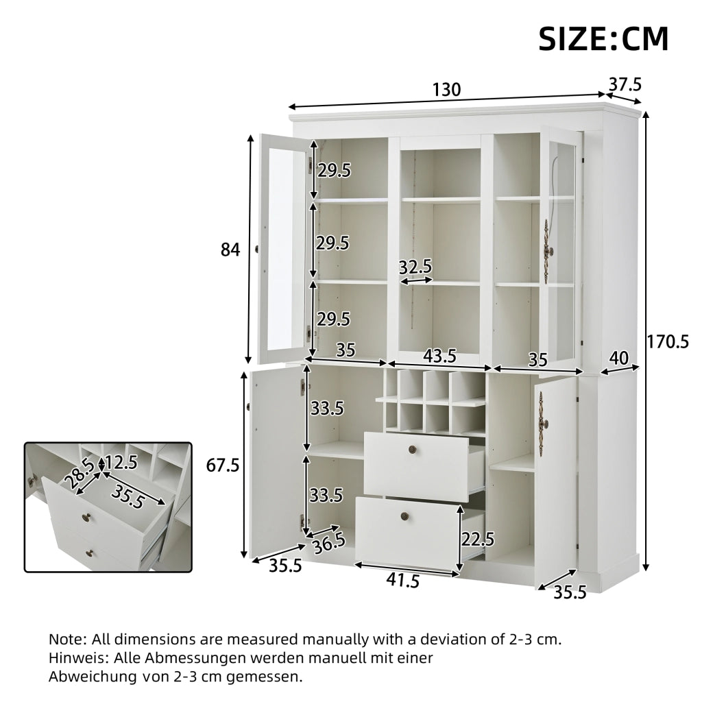 Vetrina con 2 cassetti 4 ante e 8 portabottiglie con LED per soggiorno e sala da pranzo in bianco 130 × 37,5 × 170,5 cm