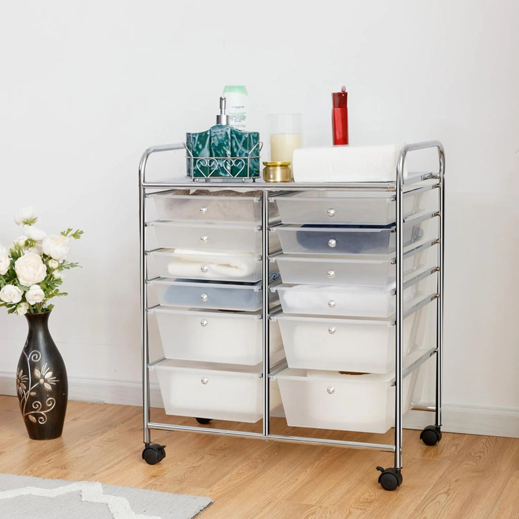 Carrello con 12 Cassetti con Ruote, Carrello di Stoccaggio Multiuso con Ampio Spazio di Archiviazione, Ideale per Casa Ufficio Domestico, 73,5 x 37 x 63 cm (Trasparente)