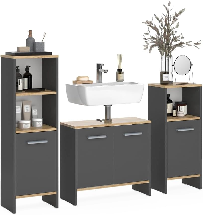 Set di mobili da bagno Karli, Antracite/quercia dorata, 3 pezzi