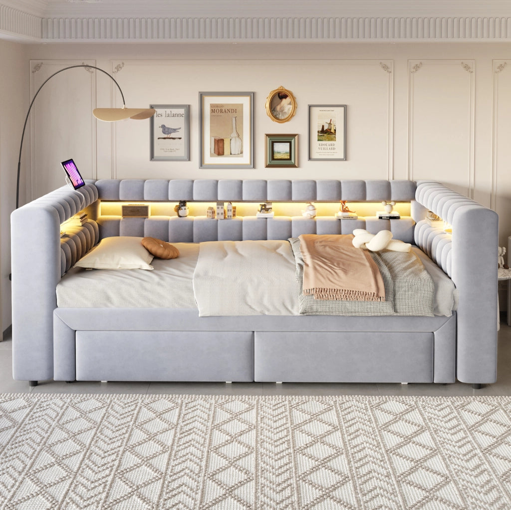 Divano letto ULEVR 90x190/180x190 cm estraibile con 2 cassetti, LED, USB e Type-C, velluto grigio chiaro