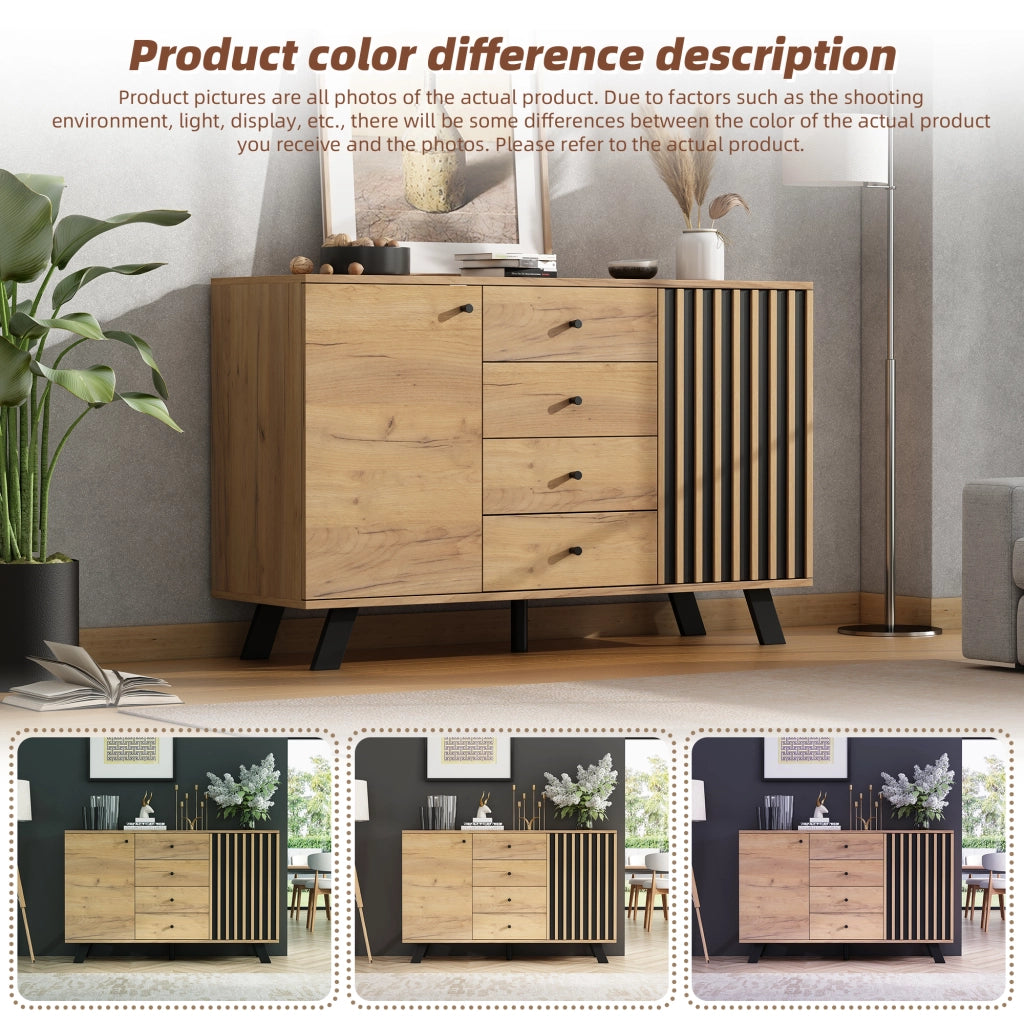 Credenza con 2 vani e 4 cassetti - per soggiorno - in MDF - 120×38×75 cm - nero e legno