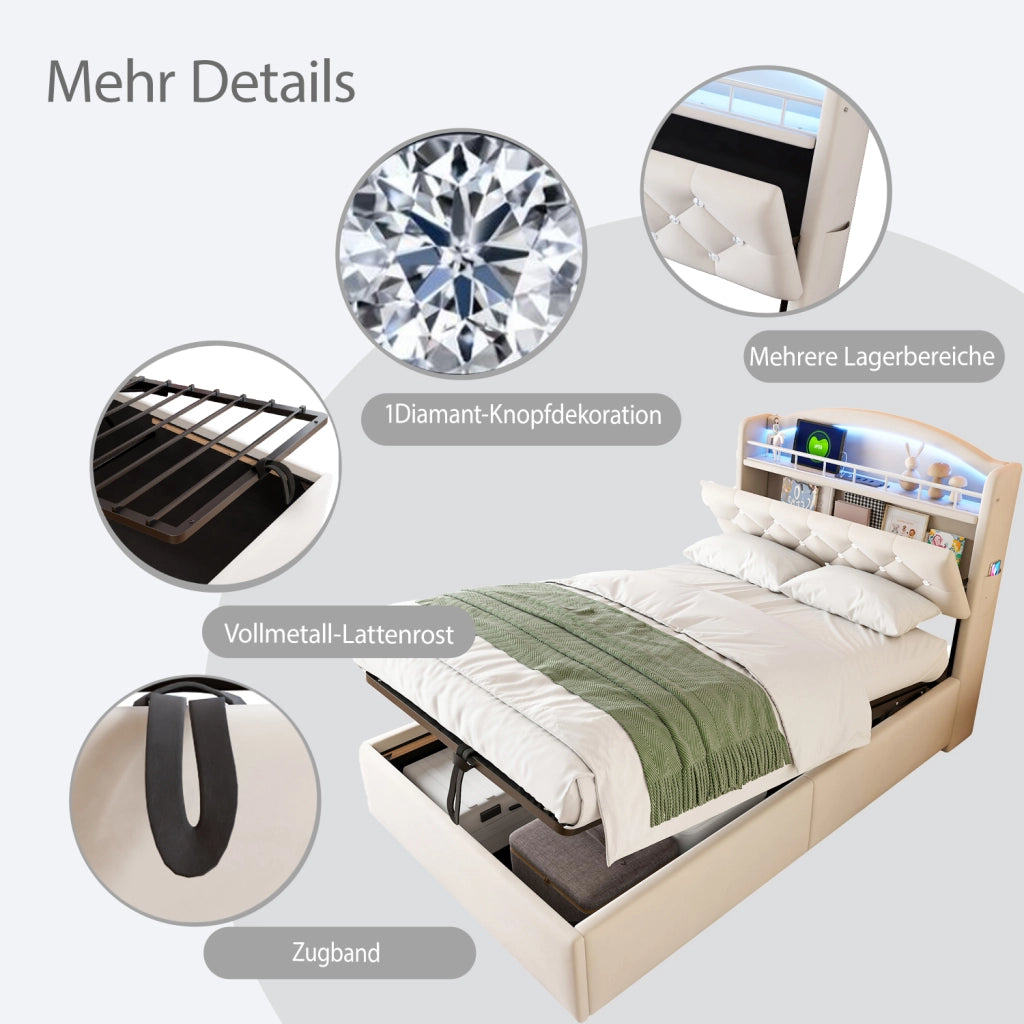 Letto per bambini singolo 90×200 cm contenitore con led; 3 usb e type-c; senza materasso; tessuto; beige