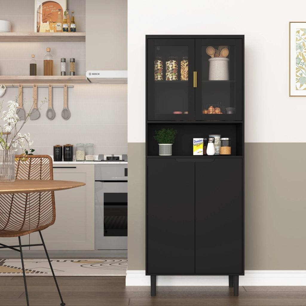 Mobile contenitore alto con ante in vetro temperato ripiani regolabili in MDF nero 60 × 35 × 160 cm