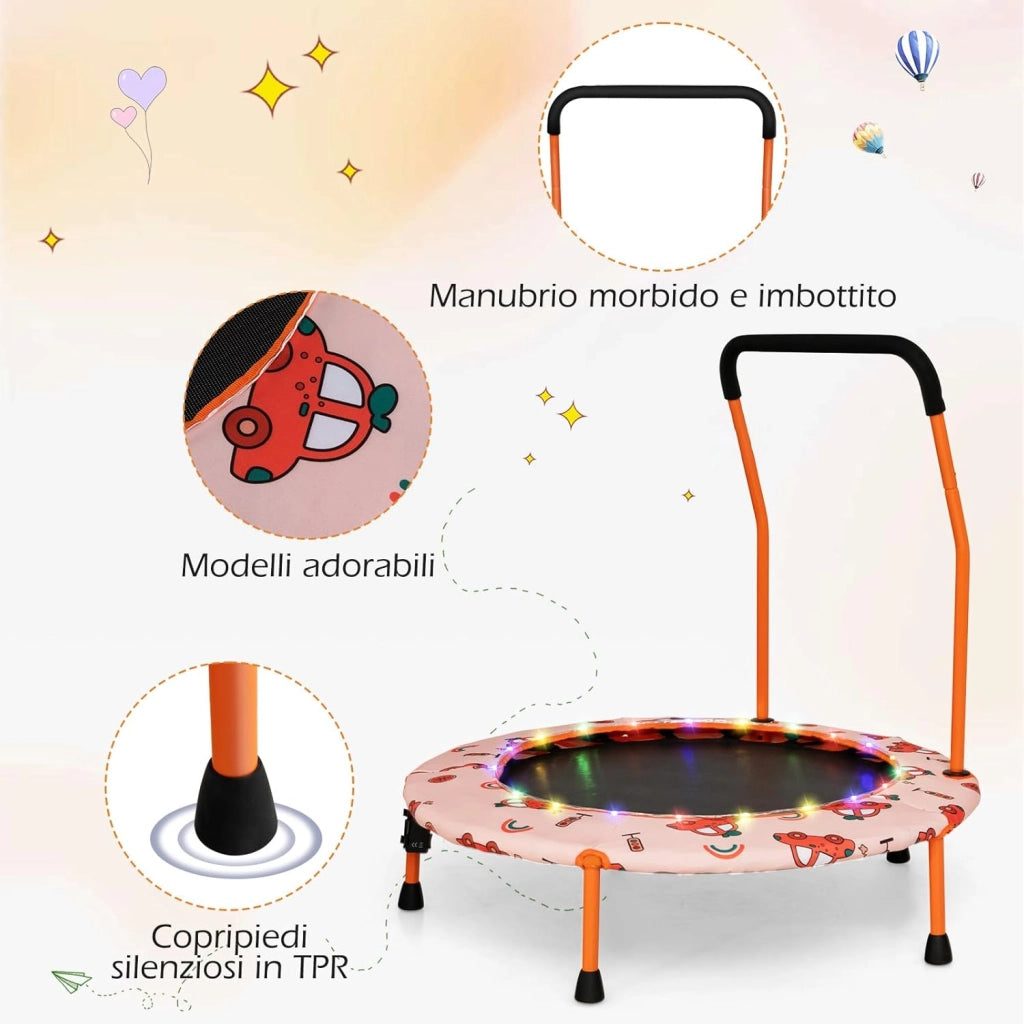 Trampolino per Bambini da Interno ed Esterno, Tappeto Elasctico Bambini 3-6 Anni in Acciaio con Maniglia Rimovibile, Luci LED, Cuscinetti Antiscivolo e Copertura Protettiva