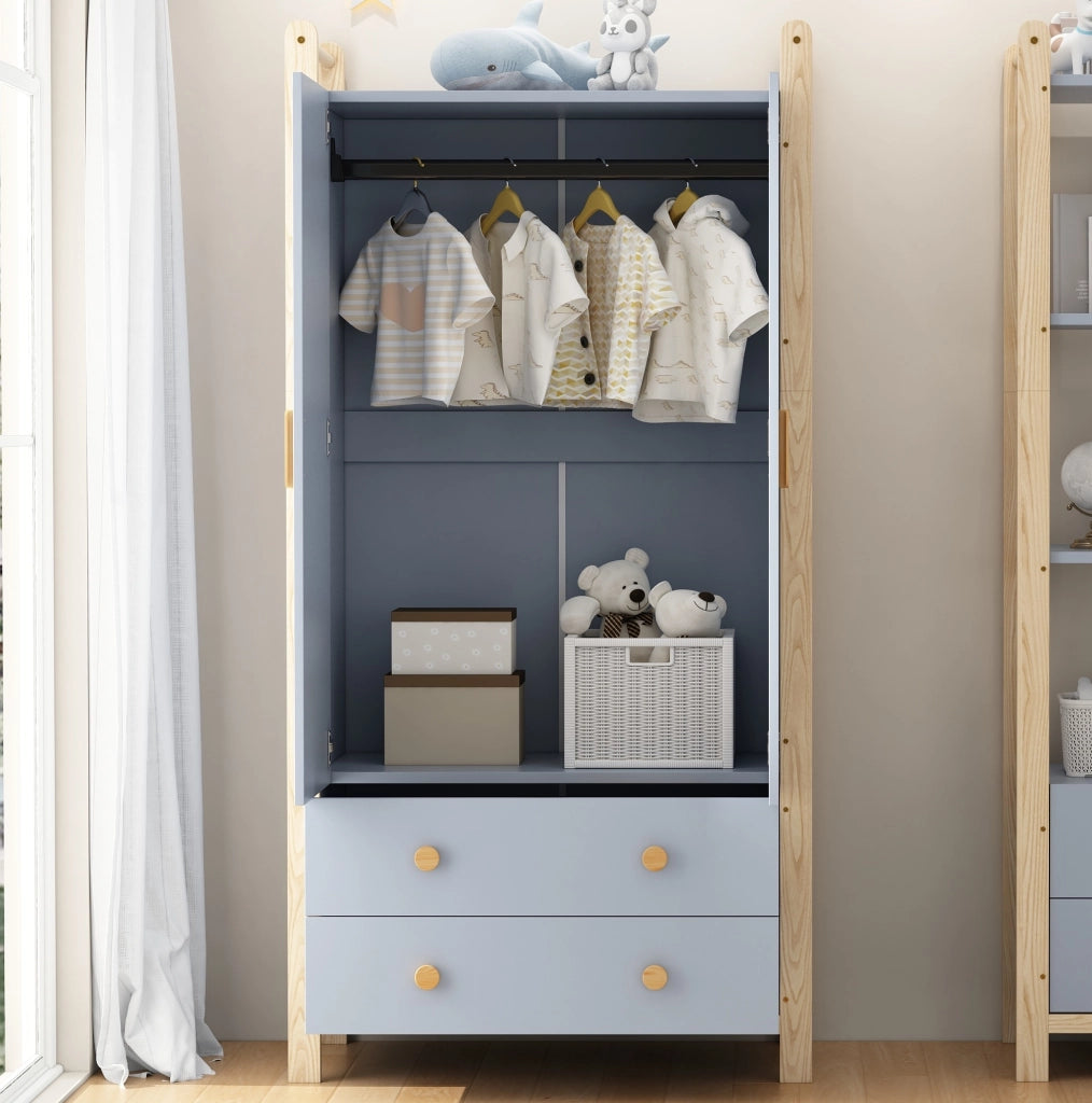 Guardaroba con scaffale blu e naturale in legno, 180,5 cm