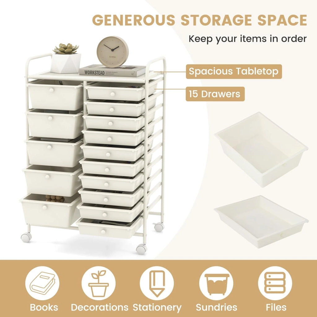 Carrelli Porta Oggetti, con 10+5 Cassetti Impilabili, 2 Ruote Bloccabili, Braccioli Metallici, Portabile e Pratico, per Ufficio, Studio, Cucina,Bagno, 5 Colori Disponibili, 62,5x37x87 cm