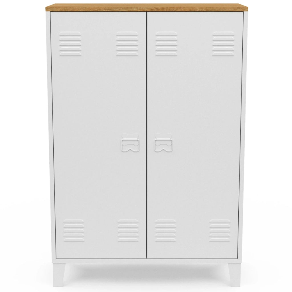 IDMarket - ESTER Armario de 2 puertas de metal blanco con encimera de madera de diseño industrial
