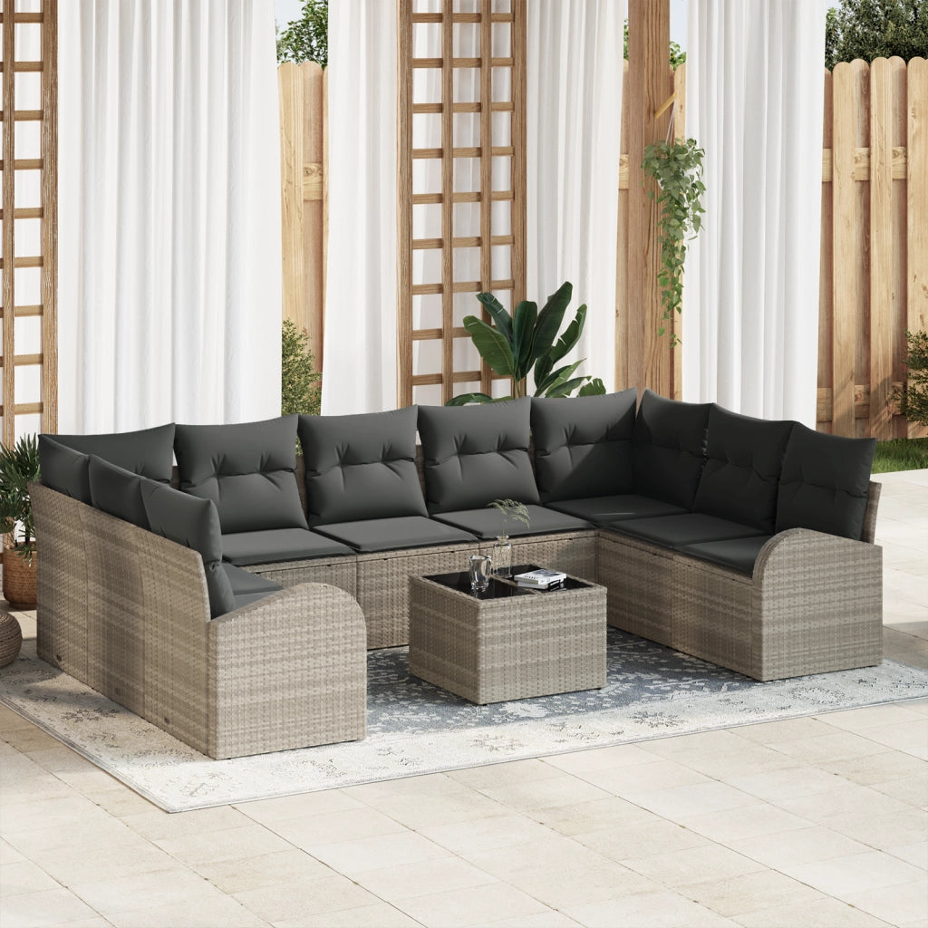 Set Divano da Giardino di 10 Pezzi con Cuscini Grigio in Rattan