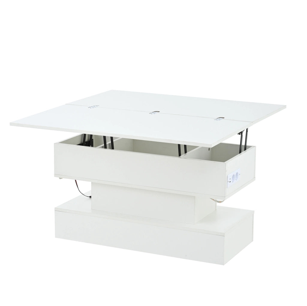 Tavolino da caffè 100x50x51.5 cm con piano sollevabile; vano contenitore e LED; truciolare bianco