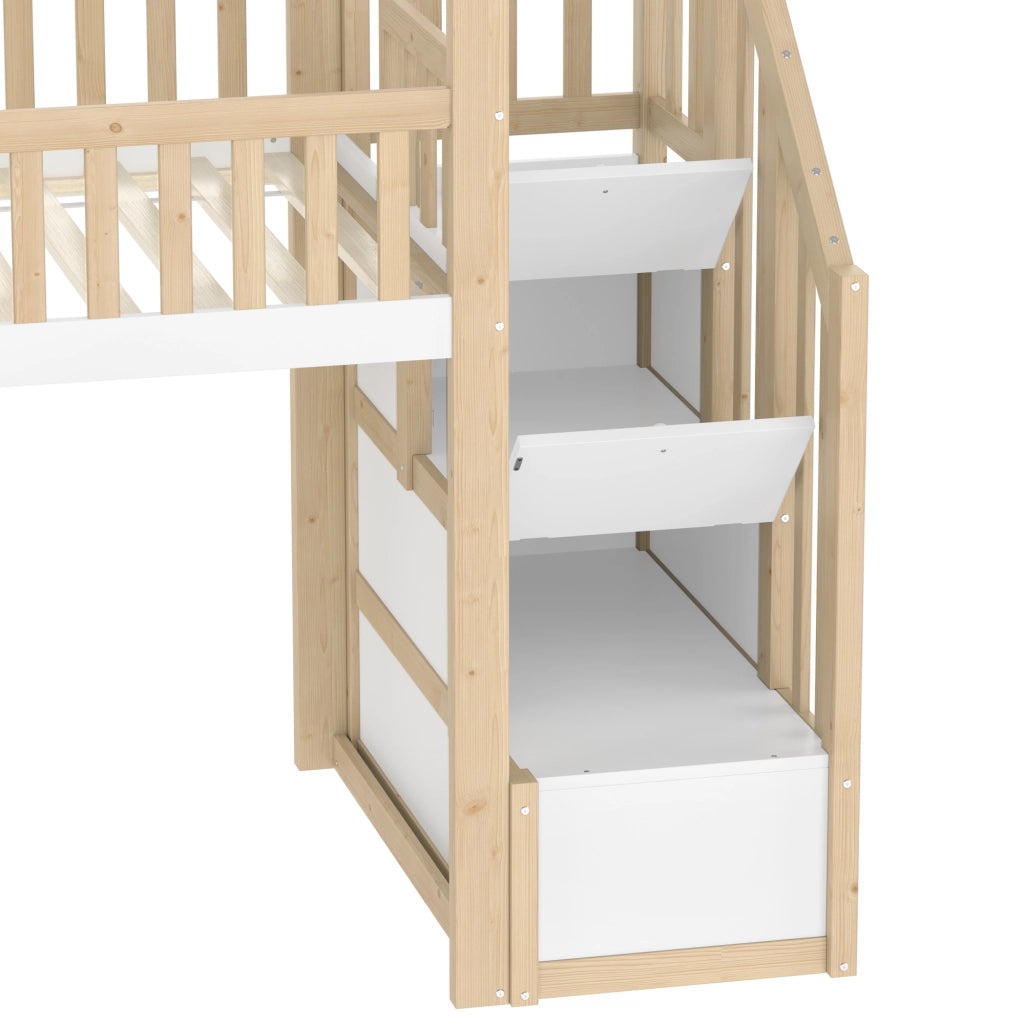 Letto a soppalco 90x200 cm con scivolo e scala contenitore in legno; naturale e bianco