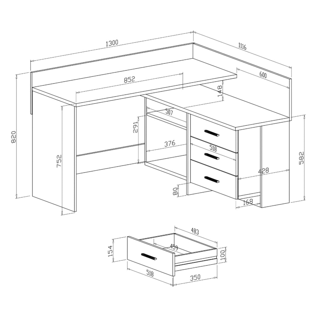 Scrivania Elsa, Scrittoio multiuso, Tavolo per ufficio porta PC, Piano di lavoro, 130x112h82 cm, Bianco e Rovere Nodi