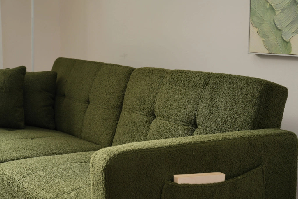 Divano Letto 2 Posti con Schienale Regolabile 105-180° e Tasche Laterali; Piedini Dorati in Tessuto Sherpa Verde Antico