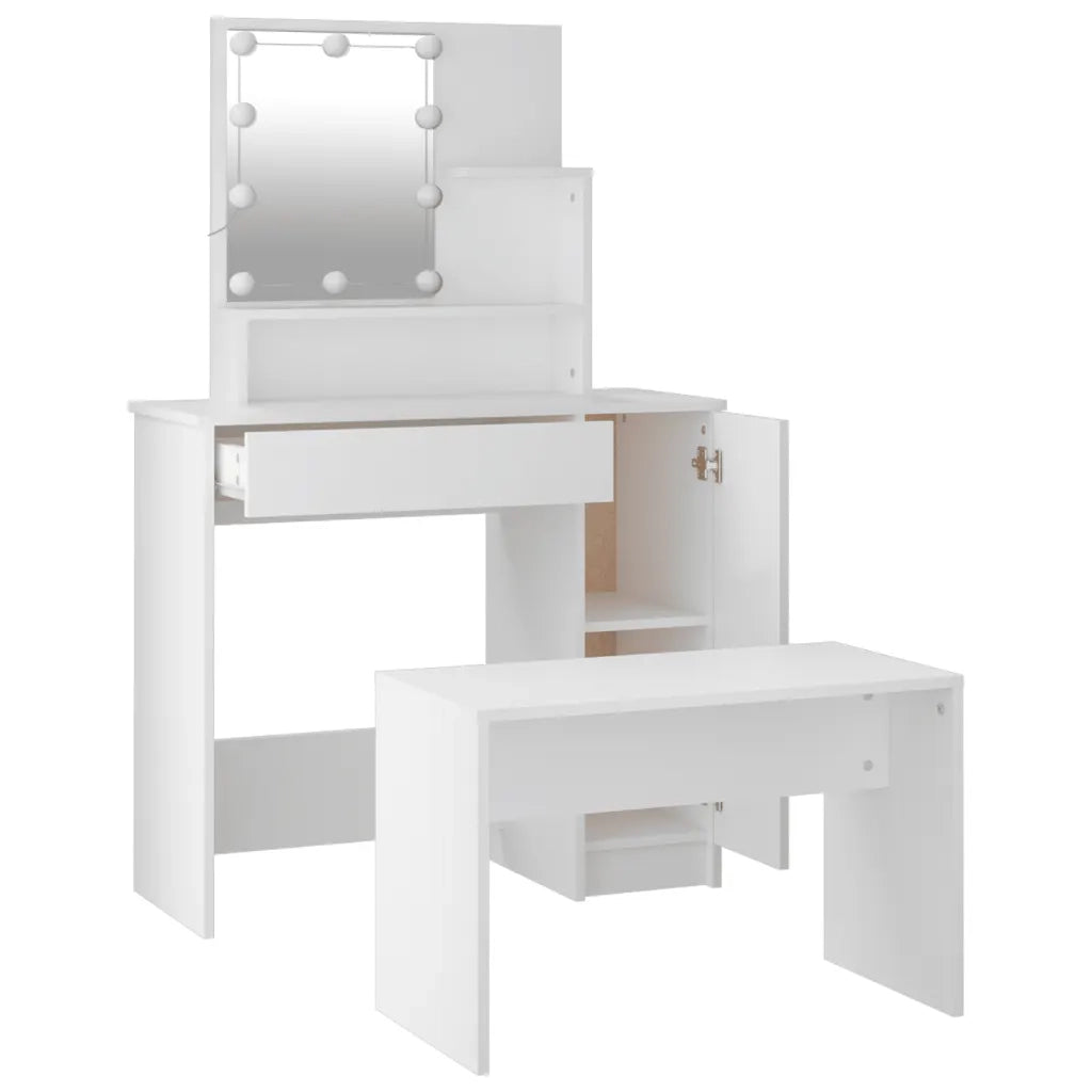 Set Tavolo da Toeletta | Tavolo da Trucco Bianco con LED in Legno Multistrato