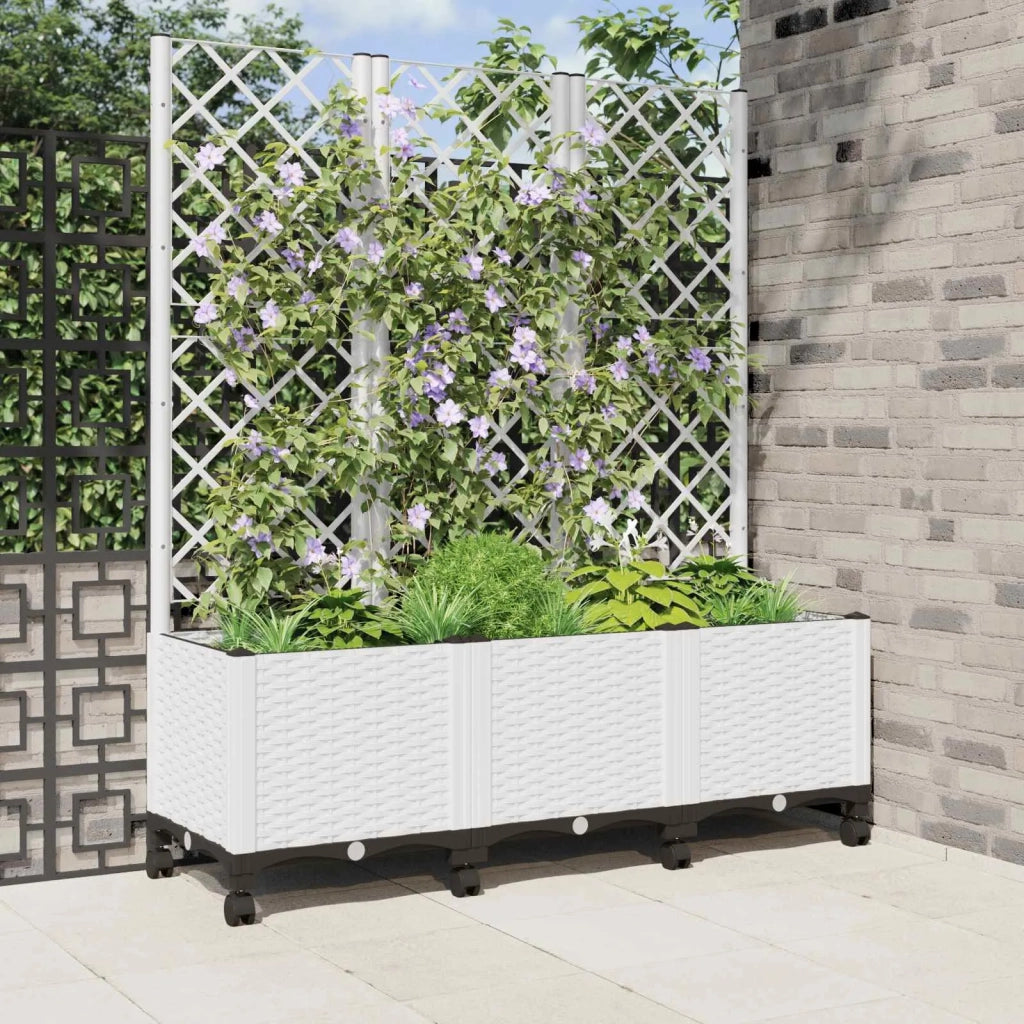 Vaso da giardino con grigliato e ruote Bianco 120 x 40 x 146 cm 3423060