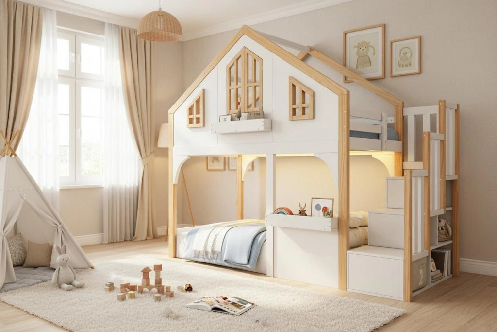 DESMIU Letto a castello per bambini 90 × 200 cm con scala contenitore, finestra e LED, senza materasso, bianco