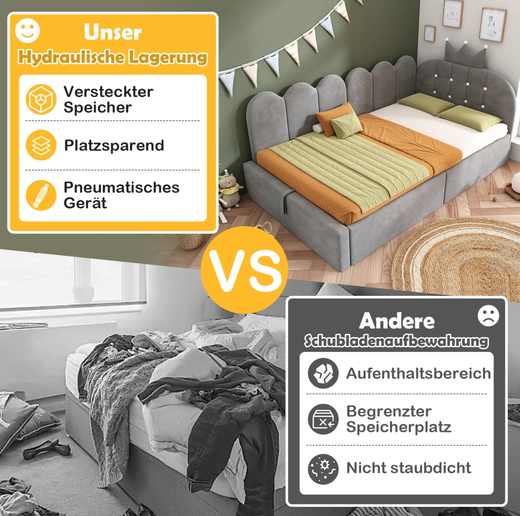 Letto daybed contenitore in velluto grigio con design a corona