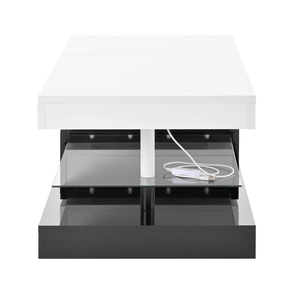 Tavolino da caffè 90x45x35;5 cm; LED con APP e Bluetooth; pannello truciolare; nero e bianco