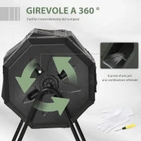 Compostiera da Giardino Girevole a 2 Sezioni con 8 Prese d'Aria, Compostiera Domestica in Acciaio e PP, 160 L, per Compostaggio Rifiuti Organici, 71x65x96 cm, Nero