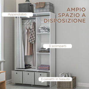 Armadio Guardaroba 105x48x160 cm con Barra Appendiabiti Ripiani e Cassetti in Legno e Tessuto Bianco e Grigio