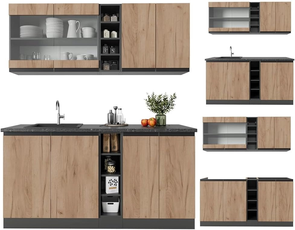 Cucina completa R-Line, Quercia dorata/antracite, 160 cm Forma a J, con piano di lavoro e lavello, premontato pronto per il collegamento