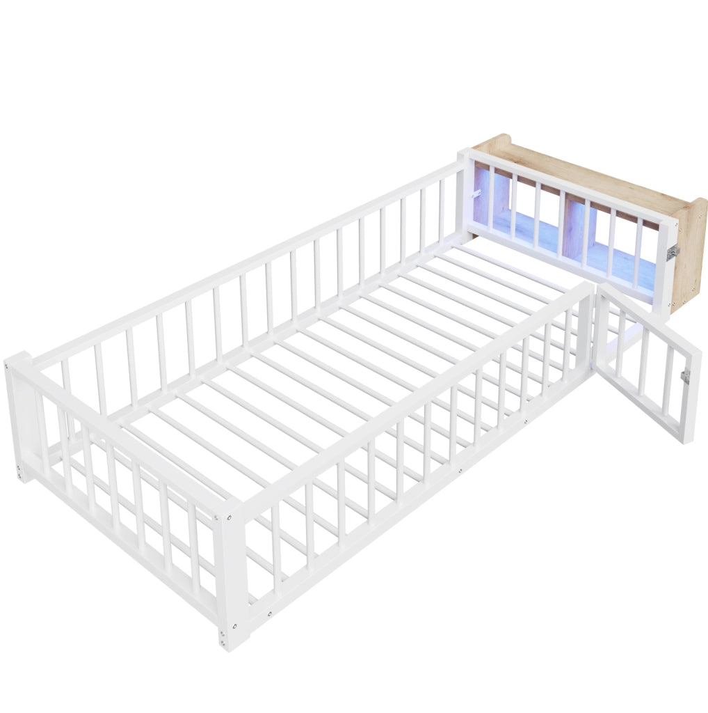 Letto 90x200 cm con sponda; vano portaoggetti e LED in MDF e metallo bianco